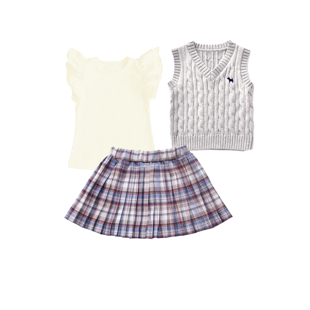 Mi Amore Gigi Plaid Skirt and Flutter Sleeve Top with Vest Set